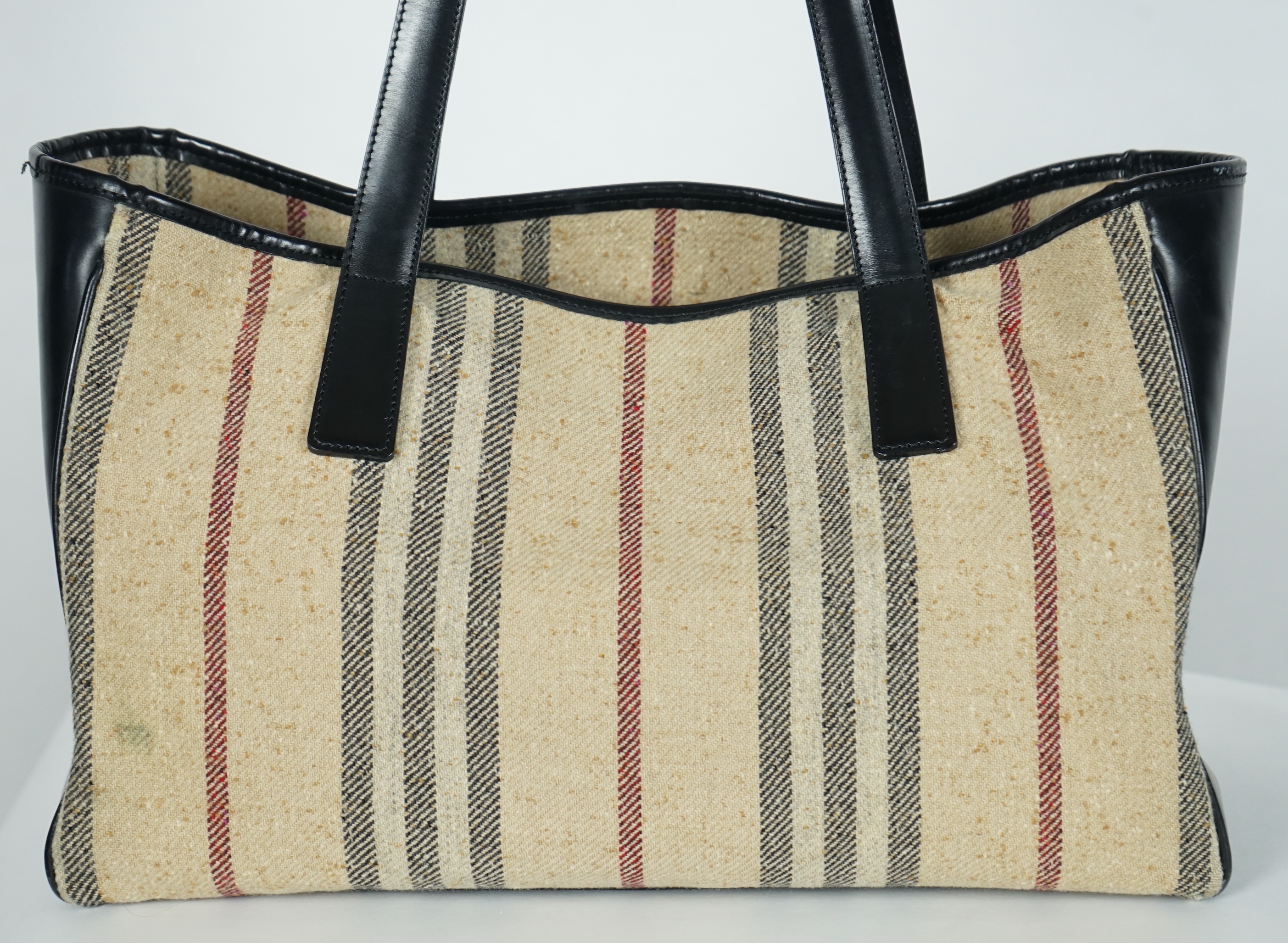 A Burberry fabric and black leather shopper, width 40cm, height 25cm, height overall 56cm, depth 17cm